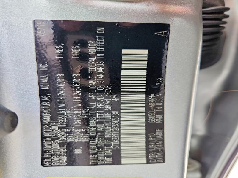 2019 Toyota Highlander მანქანა იყიდება აუქციონზე, vin: 5TDKZRFH2KS565138, აუქციონის ნომერი: 65176006