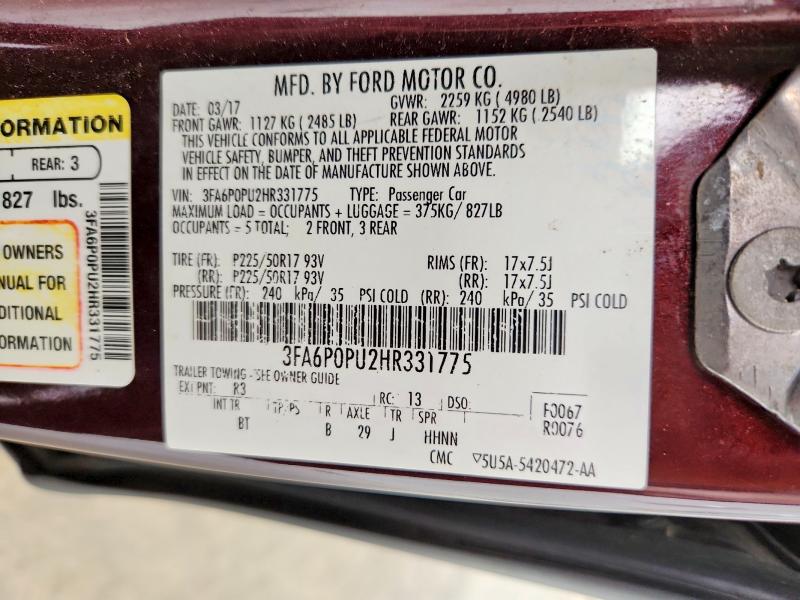 Auction sale of the 2017 Ford Fusion, vin: 3FA6P0PU2HR331775, lot number: 65603266