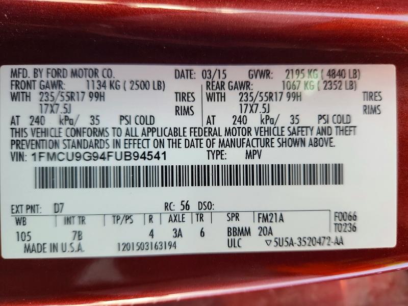 2015 Ford Escape მანქანა იყიდება აუქციონზე, vin: 1FMCU9G94FUB94541, აუქციონის ნომერი: 63879986