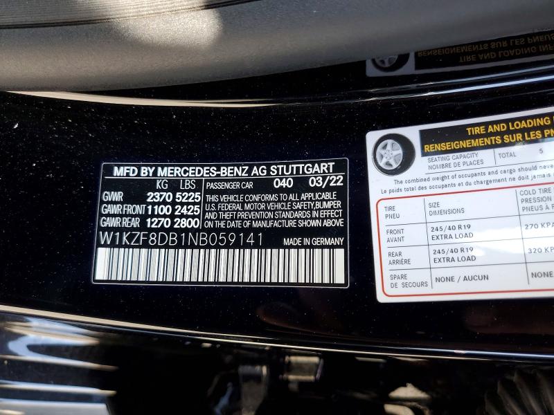 2022 Mercedes-benz E მანქანა იყიდება აუქციონზე, vin: W1KZF8DB1NB059141, აუქციონის ნომერი: 64617866