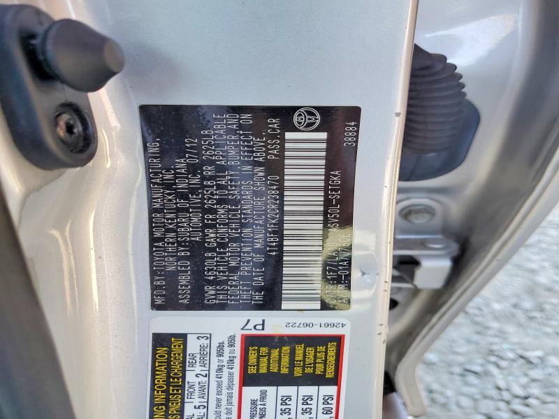 Aukcja sprzedaży 2012 Toyota Camry, vin: 4T4BF1FK2CR238470, numer aukcji: 64398056