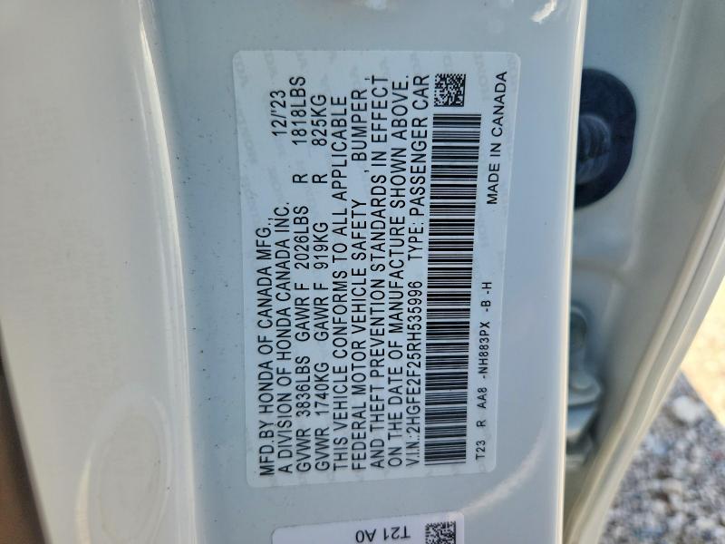 2024 Honda Civic მანქანა იყიდება აუქციონზე, vin: 2HGFE2F25RH535996, აუქციონის ნომერი: 66194736