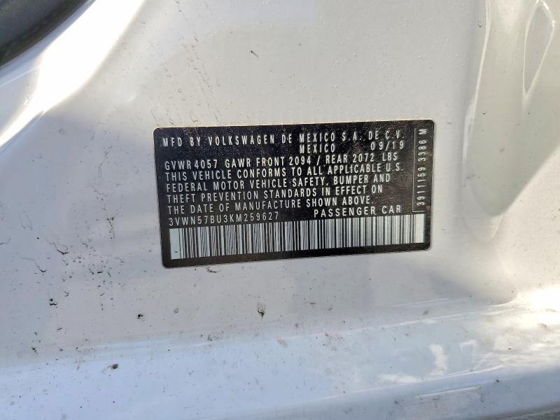 2019 Volkswagen Jetta მანქანა იყიდება აუქციონზე, vin: 3VWN57BU3KM259627, აუქციონის ნომერი: 63911336