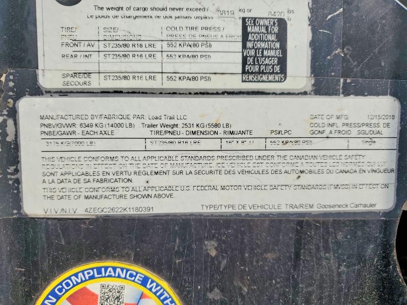 66029186 :رقم المزاد ، 4ZEGC2622K1180391 vin ، 2019 Load Trail16' Trailers مزاد بيع