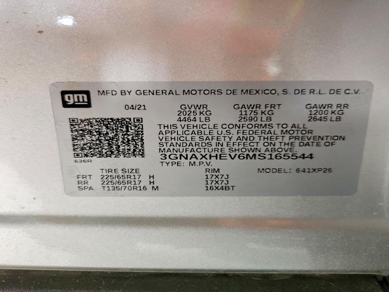2021 Chevrolet Equinox მანქანა იყიდება აუქციონზე, vin: 3GNAXHEV6MS165544, აუქციონის ნომერი: 63042736
