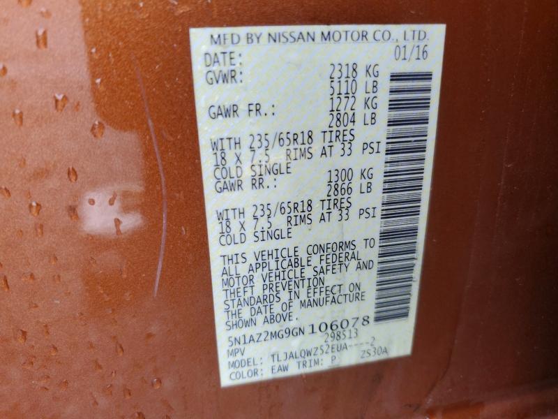 Продажа на аукционе авто 2016 Nissan Murano, vin: 5N1AZ2MG9GN106078, номер лота: 62986346