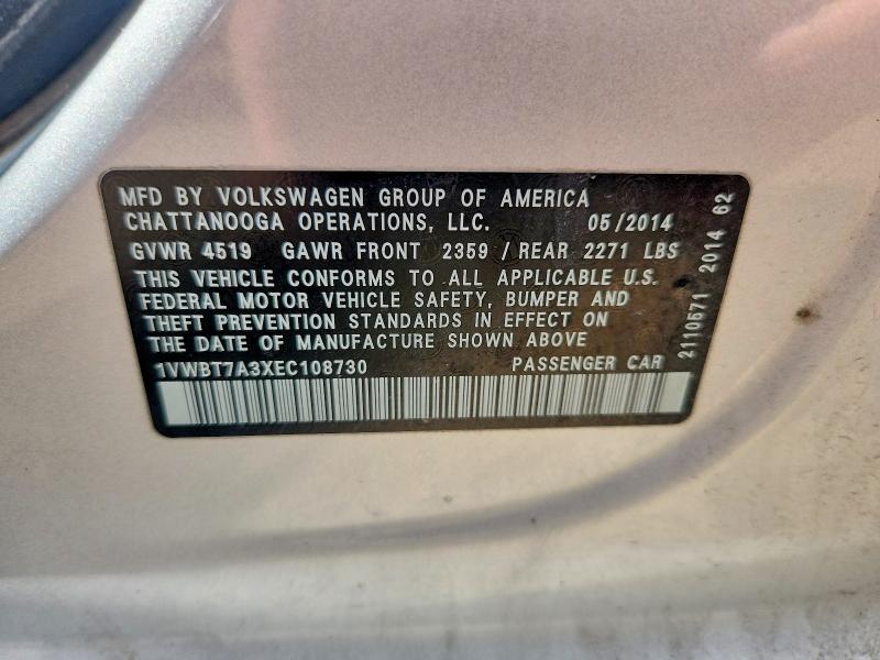 2014 Volkswagen Passat მანქანა იყიდება აუქციონზე, vin: 1VWBT7A3XEC108730, აუქციონის ნომერი: 65319876