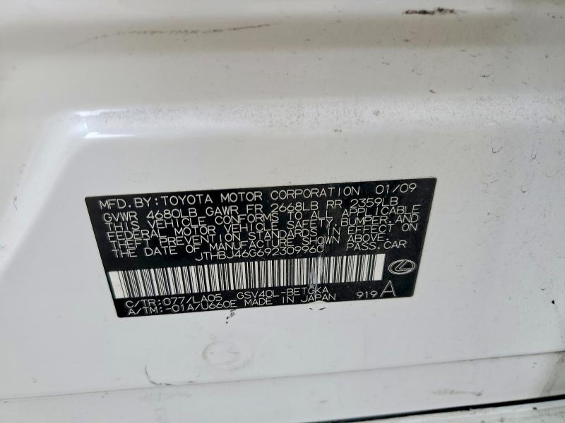 Aukcja sprzedaży 2009 Lexus Es, vin: JTHBJ46G692309960, numer aukcji: 65059706