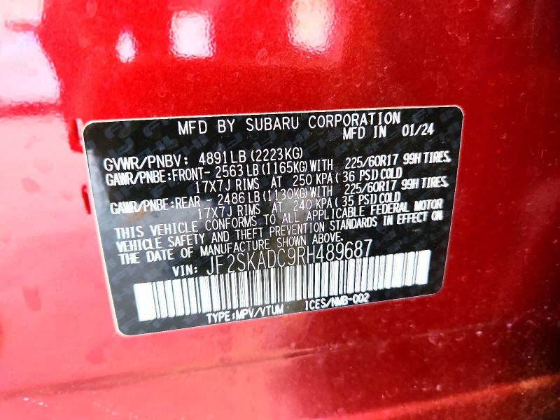 63023706 :رقم المزاد ، JF2SKADC9RH489687 vin ، 2024 Subaru Forester مزاد بيع