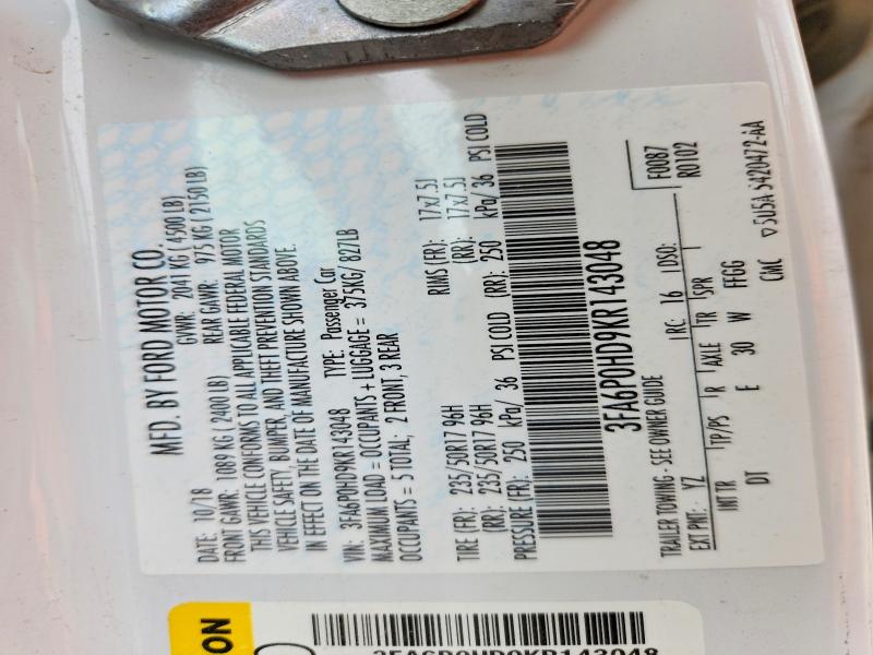 Aukcja sprzedaży 2019 Ford Fusion, vin: 3FA6P0HD9KR143048, numer aukcji: 65092246