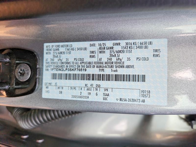 2025 Ford F150 მანქანა იყიდება აუქციონზე, vin: 1FTEW2LP3SKF76519, აუქციონის ნომერი: 65794796