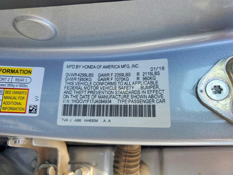 2018 Honda Accord მანქანა იყიდება აუქციონზე, vin: 1HGCV1F17JA084934, აუქციონის ნომერი: 63687486