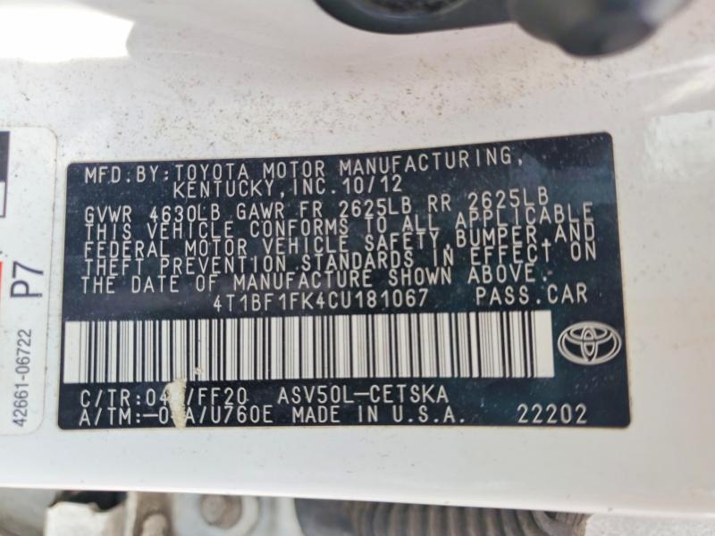 Продажа на аукционе авто 2012 Toyota Camry, vin: 4T1BF1FK4CU181067, номер лота: 64232126