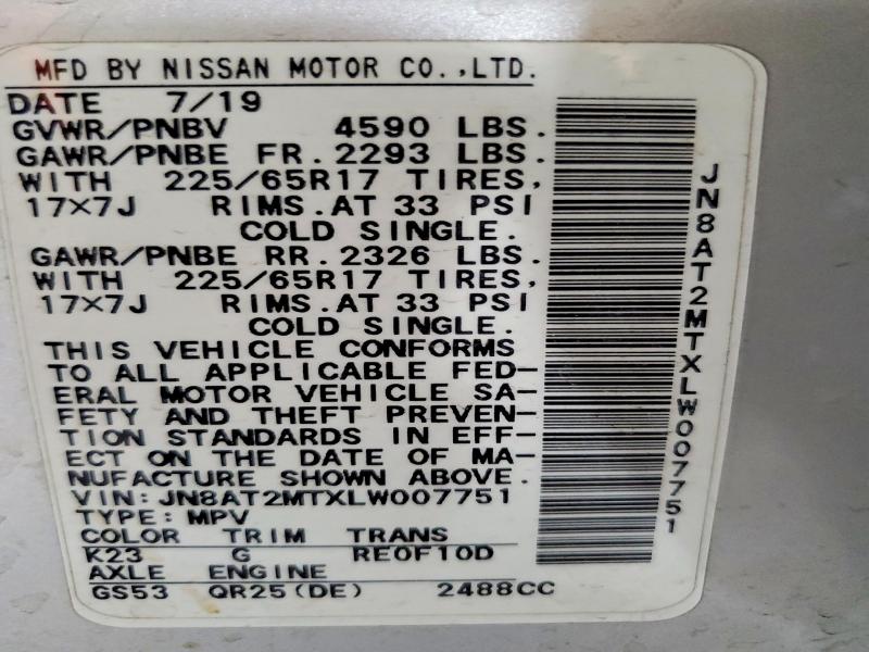 64132266 :رقم المزاد ، JN8AT2MTXLW007751 vin ، 2020 Nissan Rogue مزاد بيع