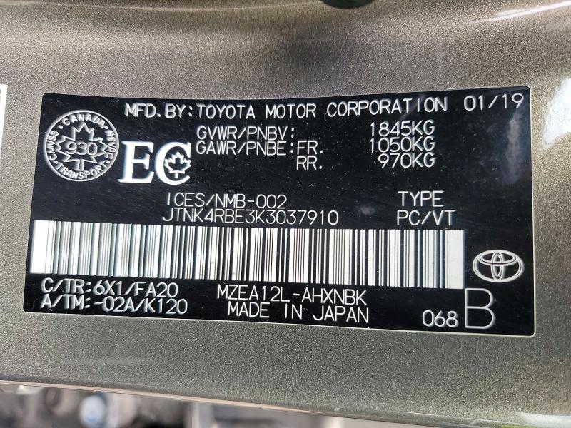 Auction sale of the 2019 Toyota Corolla, vin: JTNK4RBE3K3037910, lot number: 63200176