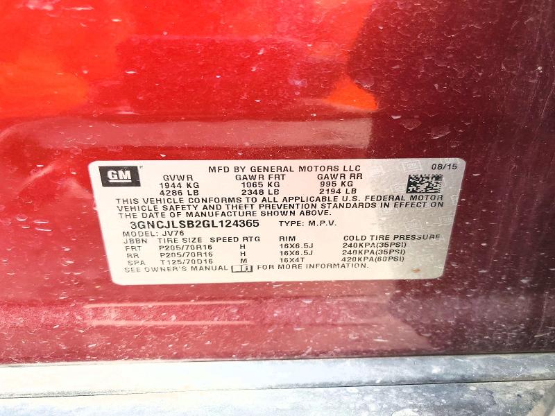 66798786 :رقم المزاد ، 3GNCJLSB2GL124365 vin ، 2016 Chevrolet Trax مزاد بيع