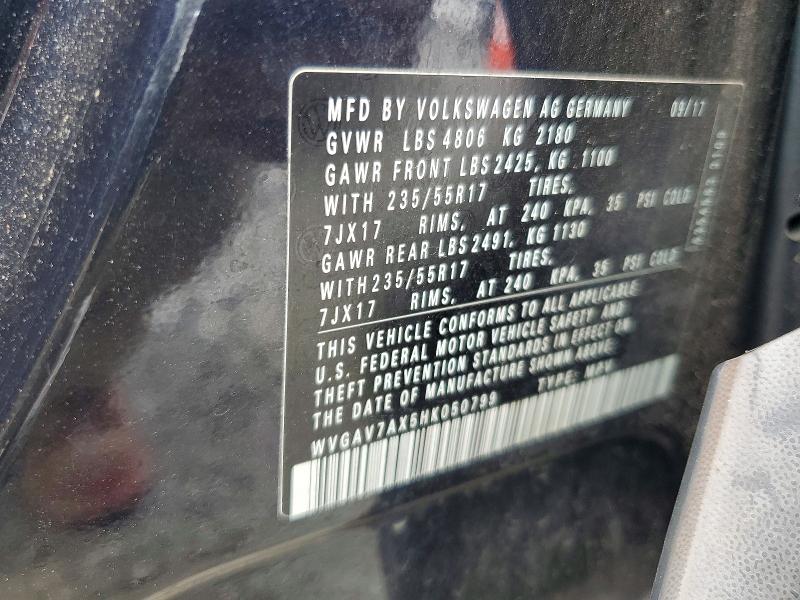 2017 Volkswagen Tiguan მანქანა იყიდება აუქციონზე, vin: WVGAV7AX5HK050799, აუქციონის ნომერი: 63407946