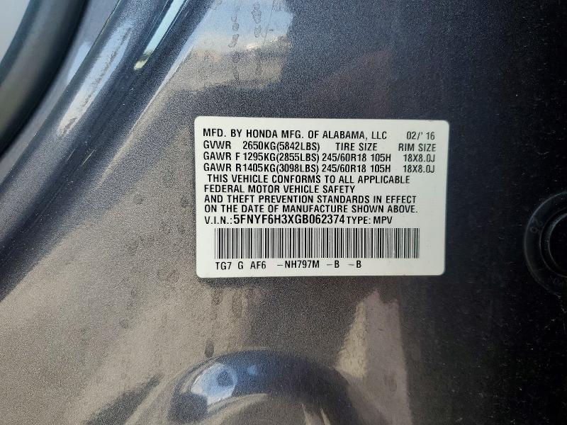 Продаж на аукціоні авто 2016 Honda Pilot, vin: 5FNYF6H3XGB062374, номер лоту: 65231186