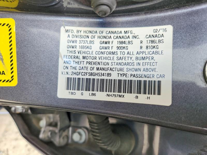 65496896 :رقم المزاد ، 2HGFC2F58GH534189 vin ، 2016 Honda Civic مزاد بيع