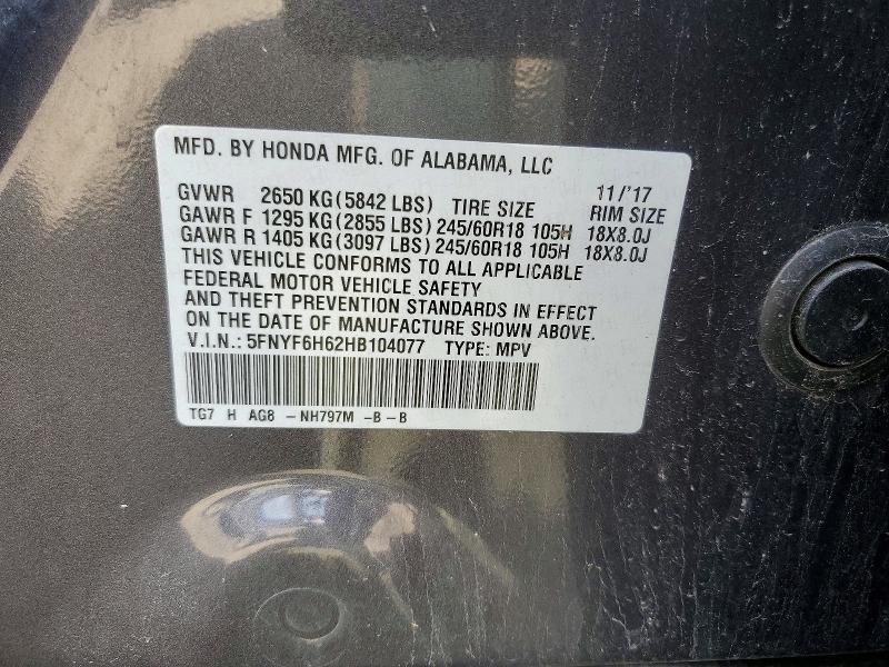 Продаж на аукціоні авто 2017 Honda Pilot, vin: 5FNYF6H62HB104077, номер лоту: 66225736