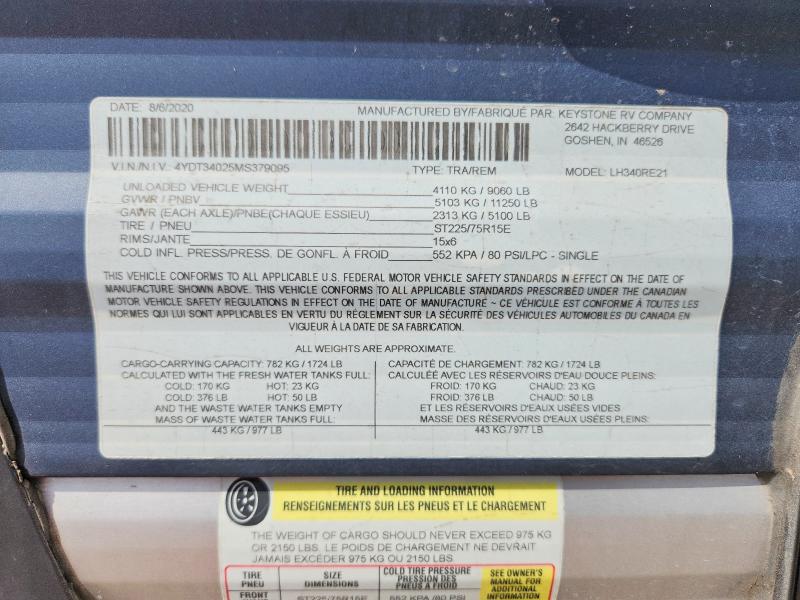 63720636 :رقم المزاد ، 4YDT34025MS379095 vin ، 2021 Keystone Unknown مزاد بيع