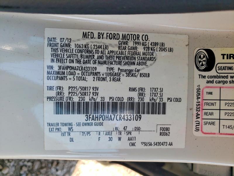 Aukcja sprzedaży 2012 Ford Fusion, vin: 3FAHP0HA7CR433109, numer aukcji: 64110206