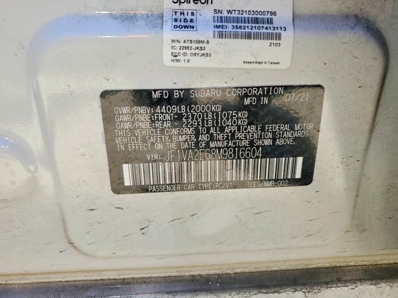 2021 Subaru Wrx მანქანა იყიდება აუქციონზე, vin: JF1VA2E68M9816604, აუქციონის ნომერი: 63450126