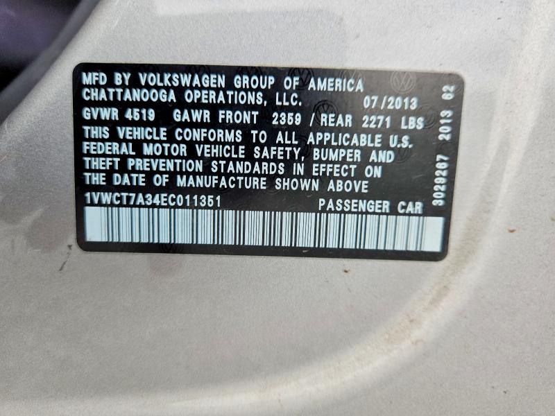 Продажа на аукционе авто 2014 Volkswagen Passat, vin: 1VWCT7A34EC011351, номер лота: 63883196
