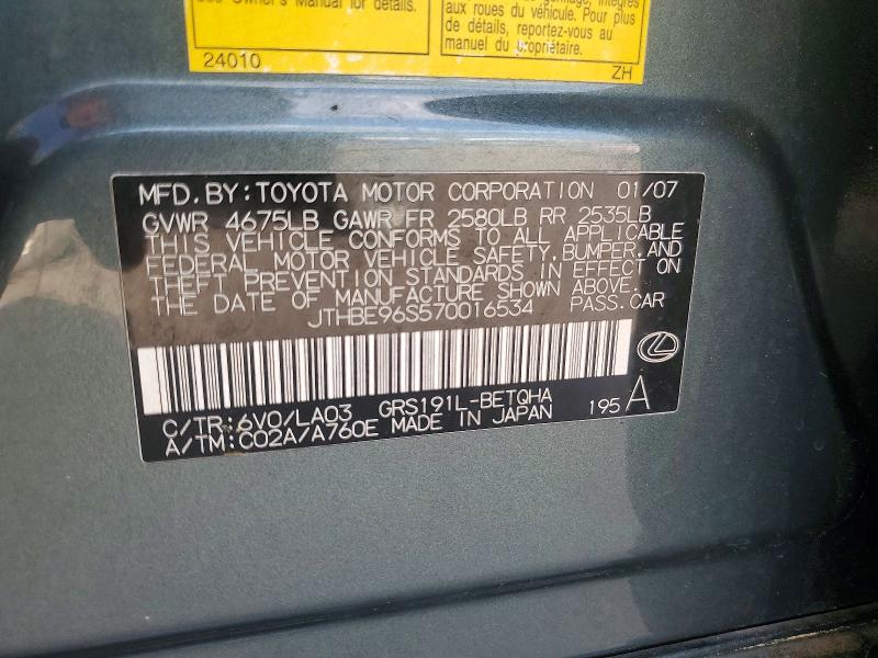 64007066 :رقم المزاد ، JTHBE96S570016534 vin ، 2007 Lexus Gs مزاد بيع