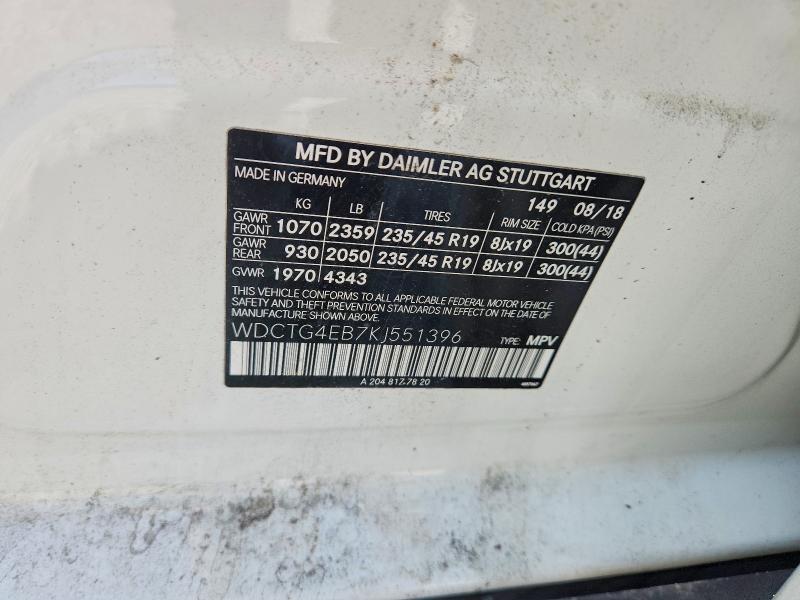 2019 Mercedes-benz Gla მანქანა იყიდება აუქციონზე, vin: WDCTG4EB7KJ551396, აუქციონის ნომერი: 65368016