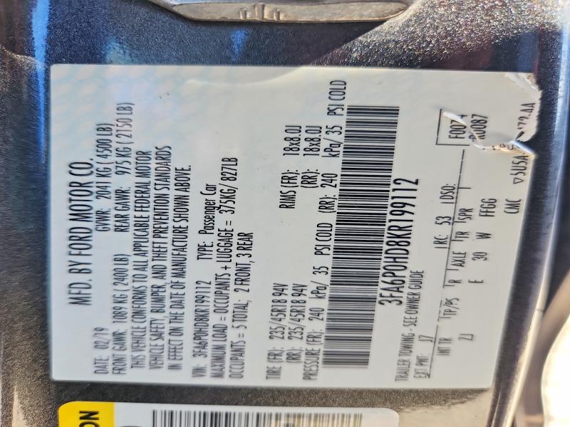 Продаж на аукціоні авто 2019 Ford Fusion, vin: 3FA6P0HD8KR199112, номер лоту: 64699626