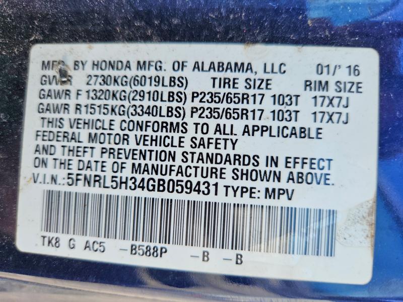 2016 Honda Odyssey მანქანა იყიდება აუქციონზე, vin: 5FNRL5H34GB059431, აუქციონის ნომერი: 64404276