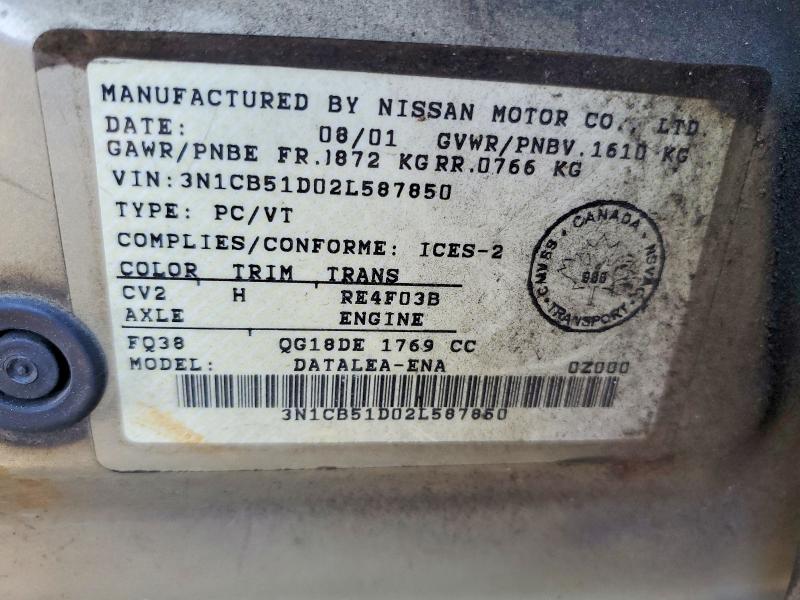 63579316 :رقم المزاد ، 3N1CB51D02L587850 vin ، 2002 Nissan Sentra مزاد بيع