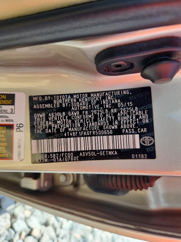 2015 Toyota Camry მანქანა იყიდება აუქციონზე, vin: 4T4BF1FK6FR500656, აუქციონის ნომერი: 66762096