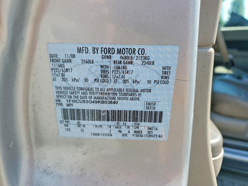 2009 Ford Escape მანქანა იყიდება აუქციონზე, vin: 1FMCU93G49KB03840, აუქციონის ნომერი: 64253006