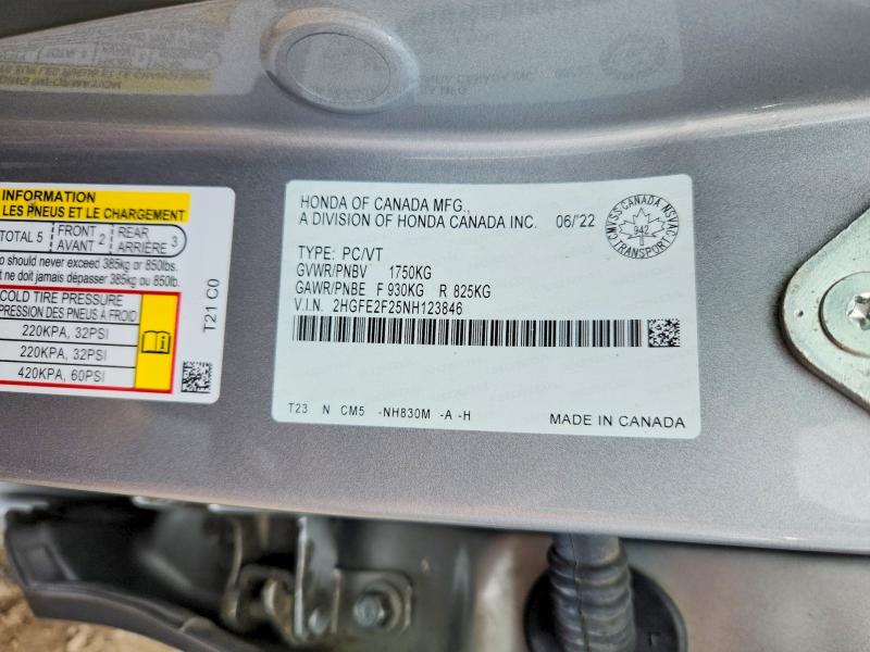 64074566 :رقم المزاد ، 2HGFE2F25NH123846 vin ، 2022 Honda Civic مزاد بيع