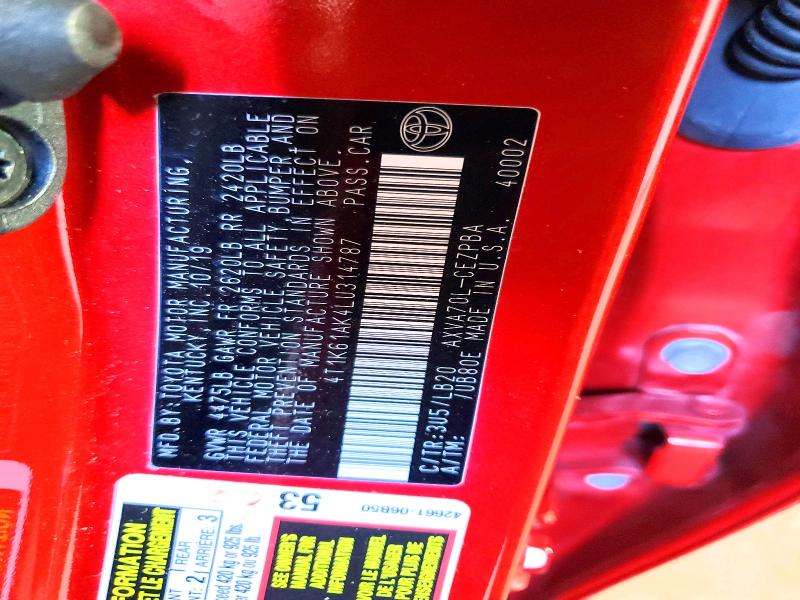 2020 Toyota Camry მანქანა იყიდება აუქციონზე, vin: 4T1K61AK4LU314787, აუქციონის ნომერი: 65491316