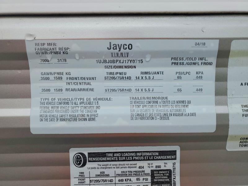 2018 Jayco Jay Jay Flight მანქანა იყიდება აუქციონზე, vin: 1UJBJ0BPXJ17Y0715, აუქციონის ნომერი: 63376036