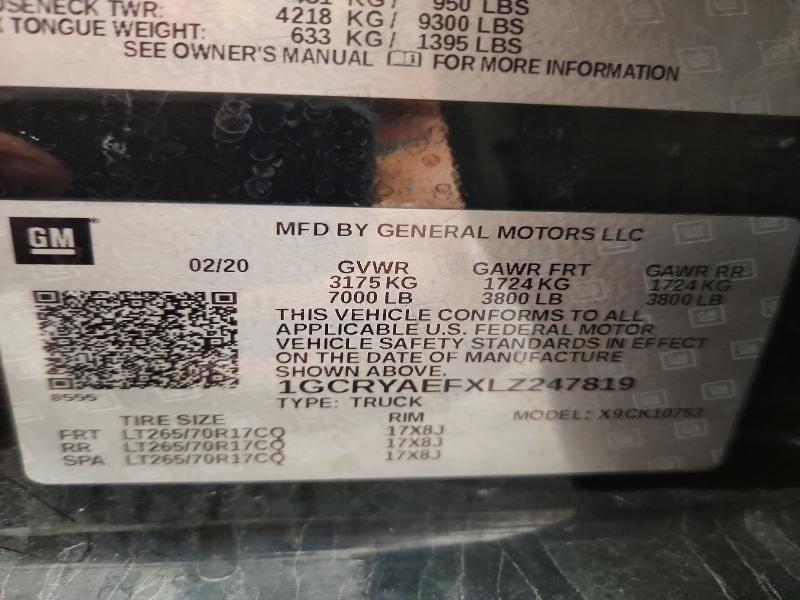 Продаж на аукціоні авто 2020 Chevrolet Silverado, vin: 1GCRYAEFXLZ247819, номер лоту: 64219656