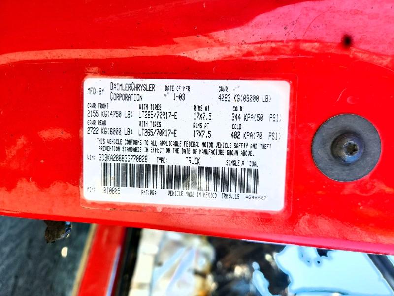66774026 :رقم المزاد ، 3D3KA28683G770626 vin ، 2003 Dodge Ram 2500 مزاد بيع