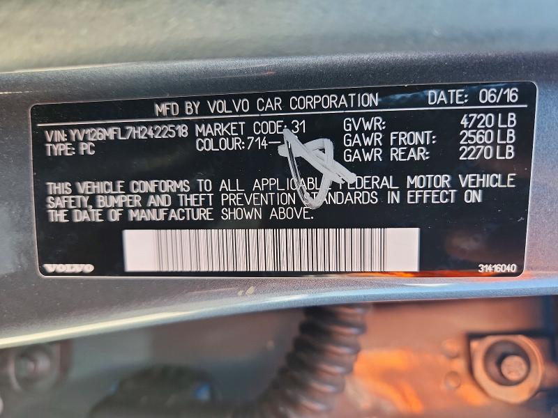 66446666 :رقم المزاد ، YV126MFL7H2422518 vin ، 2017 Volvo S60 مزاد بيع