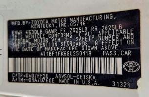 2016 Toyota Camry მანქანა იყიდება აუქციონზე, vin: 4T1BF1FK6GU250119, აუქციონის ნომერი: 63001516