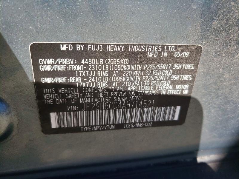 2010 Subaru Forester მანქანა იყიდება აუქციონზე, vin: JF2SH6CC4AH714521, აუქციონის ნომერი: 66318566