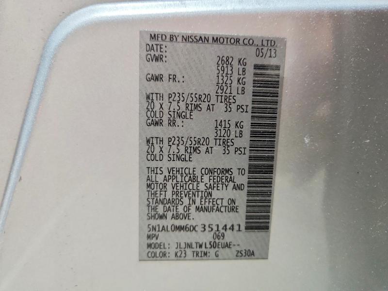 65844066 :رقم المزاد ، 5N1AL0MM6DC351441 vin ، 2013 Infiniti Jx35 مزاد بيع