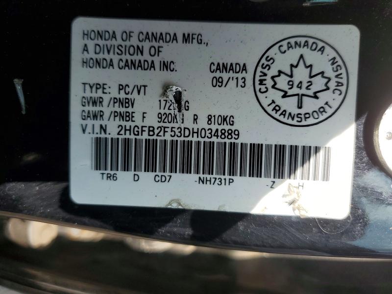 Продажа на аукционе авто 2013 Honda Civic, vin: 2HGFB2F53DH034889, номер лота: 65341886