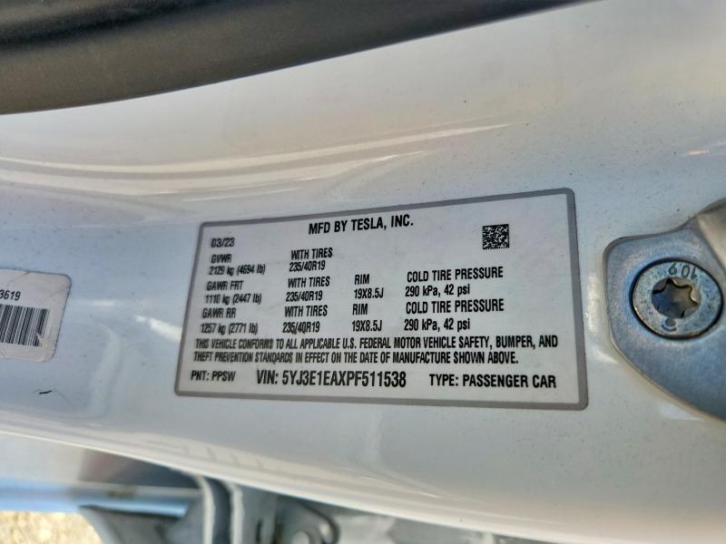 65882626 :رقم المزاد ، 5YJ3E1EAXPF511538 vin ، 2023 Tesla Model 3 مزاد بيع