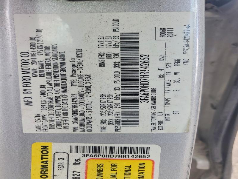2017 Ford Fusion მანქანა იყიდება აუქციონზე, vin: 3FA6P0HD7HR142652, აუქციონის ნომერი: 67074246