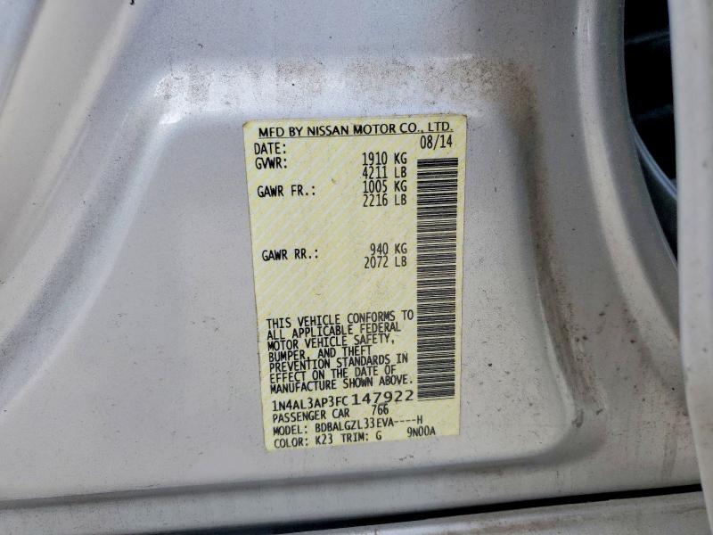 Продаж на аукціоні авто 2015 Nissan Altima, vin: 1N4AL3AP3FC147922, номер лоту: 65355126