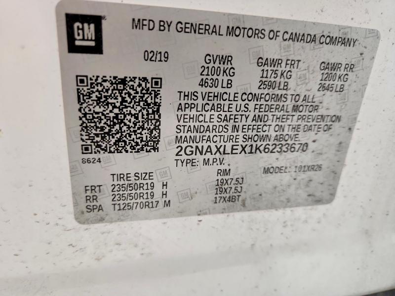 Aukcja sprzedaży 2019 Chevrolet Equinox, vin: 2GNAXLEX1K6233670, numer aukcji: 64064976