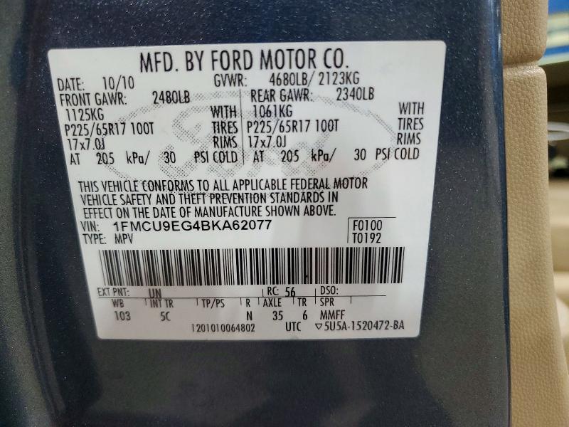 2011 Ford Escape მანქანა იყიდება აუქციონზე, vin: 1FMCU9EG4BKA62077, აუქციონის ნომერი: 65547036